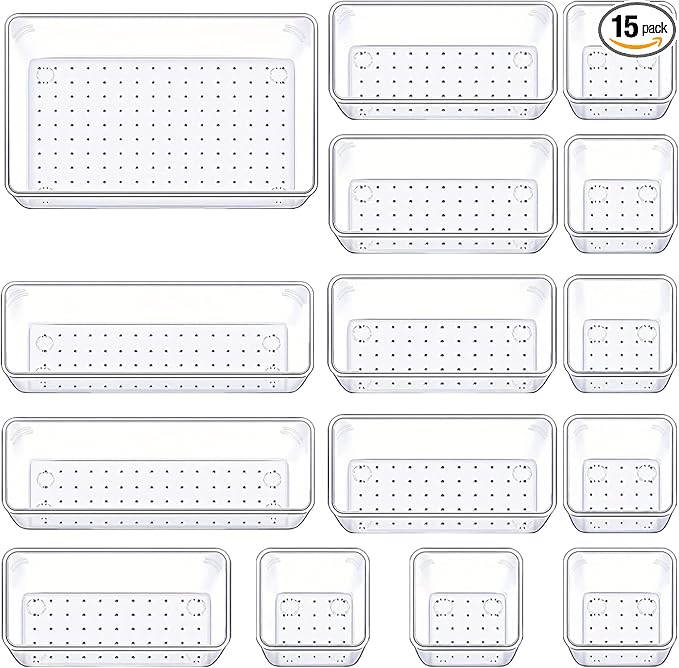 Drawer Organizers Set of 15, 4 Sizes Clear Plastic Drawer Organizers and Storage Bins for Kitchen, Bathroom, Office, Dresser Desk Drawer Organizer Tray for Jewelry, Makeup, Junk, Gadgets