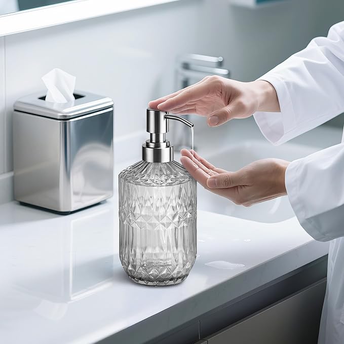 13 Oz Refillable Soap Dispenser, Glass Soap Dispenser for Dispense Hand Soap, Dish Soap, Lotion (Clear)