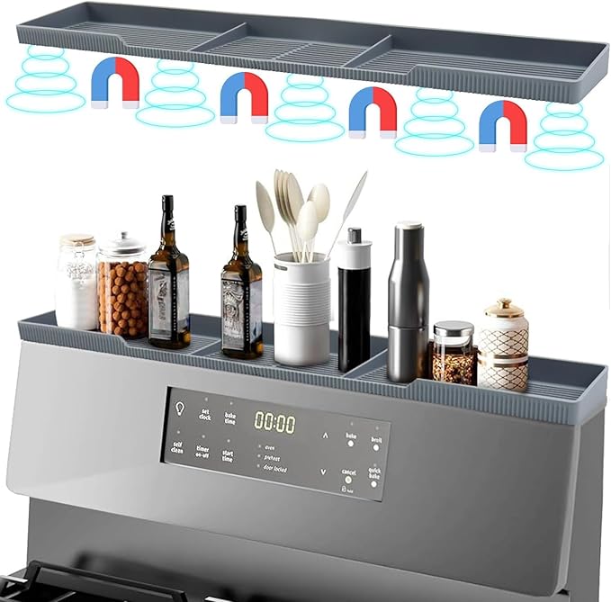Silicone Magnetic Stove Shelf For Back Of Stove - Over The Stove Shelf, Magnetic Stove Top Shelf, Over The Stove Spice Rack, Oven Shelf For Top Of Stove, Heat Resistant, Includes 6 Extra Plates, Gray