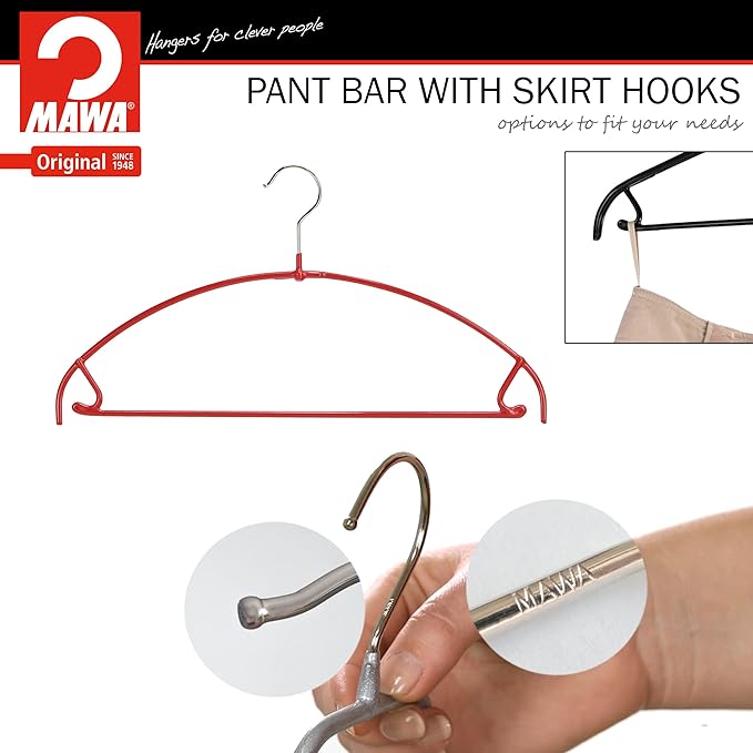 Mawa by Reston Lloyd Euro Ultra Light/Thin Series, Non-Slip Space Saving Clothes Hanger with Bar & Hook for Pants and Skirts, Style 42/PTU, Set of 10, Red