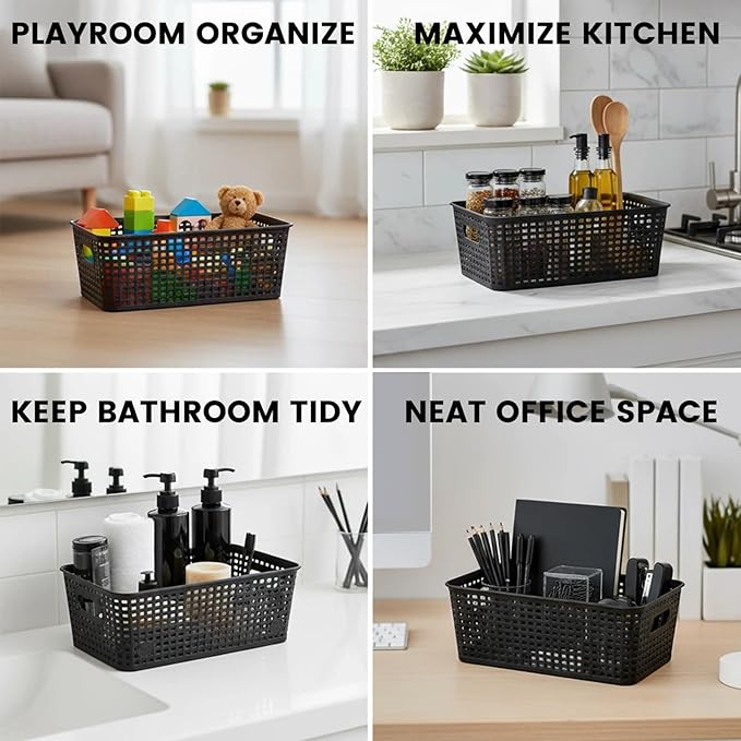 AREYZIN Plastic Storage Baskets Set of 6 Sturdy Small Organizer Bins Storage Baskets for Shelves,Closet,Countertops, Desktops, Cabinets and Badrooms,Black