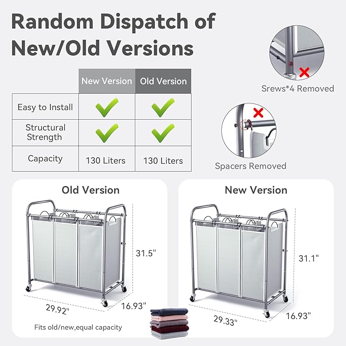 ROMOON Laundry Sorter Hamper 3 Section, Divided Laundry Basket Organizer with Heavy Duty Lockable Wheels and Removable Bags, Rolling Clothes Hamper for Apartment, Dorm & Family (130L Neutral Gray)