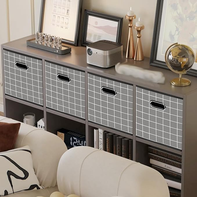 Yunkeeeper storage bins Cubes, Fabric Cube Organizer with Handle, Foldable Cube Bins for Cloth or Accessary Storage, 11x11x11, Set of 3,(Grey grid)