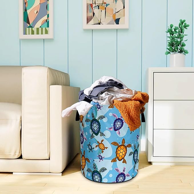 Sea Turtle Laundry Basket Oxford Cloth Funny Animal Laundry Hamper With Handle Foldable Portable Clothes Storage Basket 18.9 X 16.5 In Storage Bag For Laundry Room/Bathroom/Bedroom/Dormitories