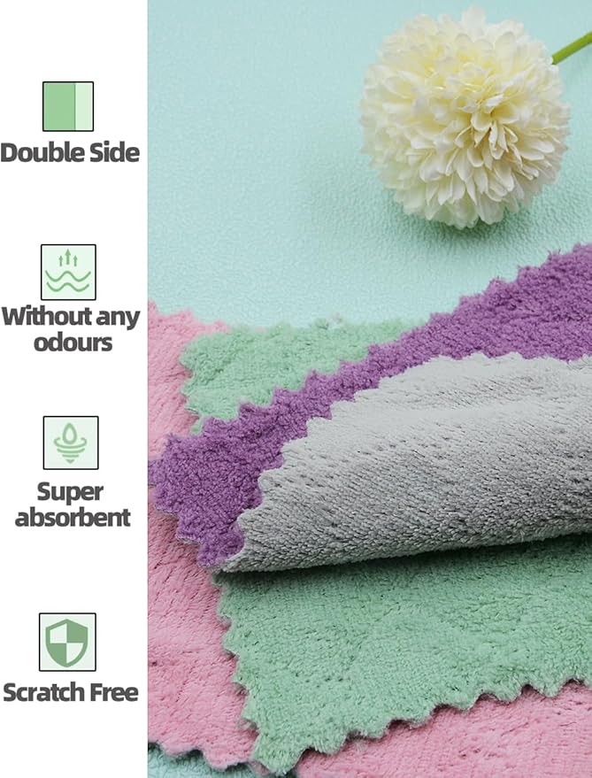 24PCS Kitchen Dishcloth, Microfiber Washcloth, Soft Cleaning Cloths, Coral Fleece/Lint Free/Absorbent/Quick Dry/Nonstick Oil Rags, Reusable Washable Tea Towel, 6''x10'' (Pink)