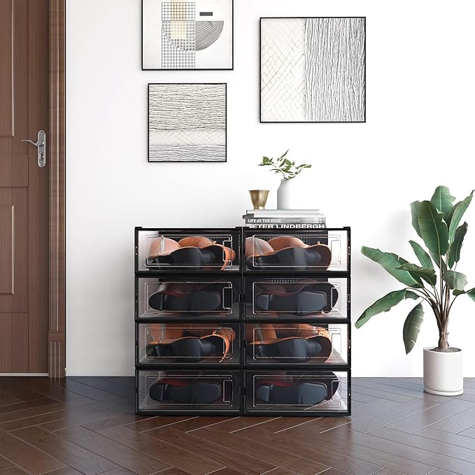 PARANTA 8-Piece Boot and Shoe Storage Box, Stackable Clear Plastic Shoe Box, Space-Saving Shoe Organizer for Boots, Sneakers, and High Heels, Black