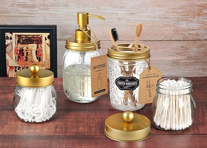 Amolliar Mason Jar Liquid Soap Dispenser -Rustproof Stainless Steel Farmhouse Decor for Bathroom Vanities,Kitchen Sink/ Liquid Soap Pumps for Hand Soap,Dish Soap,Lotions/Golden -2 Pack