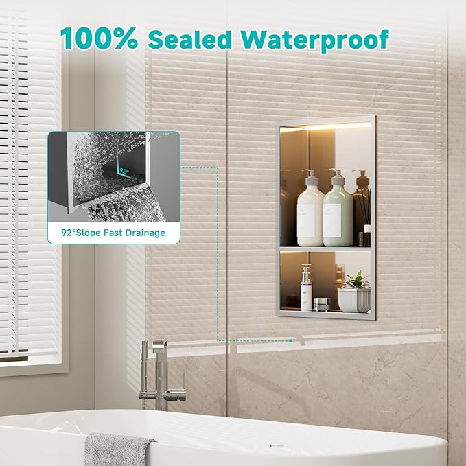 TSIBOMU Stainless Steel LED Lights Shower Niche 12" x 18" – Recessed 2-Tier Shower Shelf, 12"x12" Upper & 12"x6" Lower Storage, Modern Bathroom Wall Niche (Brushed)