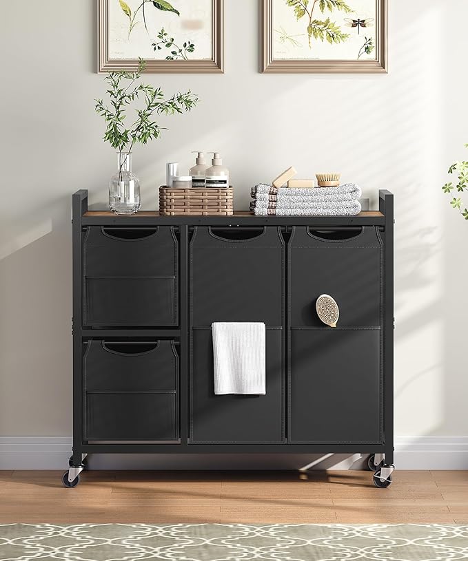 HOOBRO Laundry Sorter with 4 Section, 39 Gal. (147 L) Laundry Hamper with Wheels, Rolling Laundry Basket with Shelf, Pull-Out Detachable Bags, Side Pockets, Rustic Brown and Black BF14XY01N1