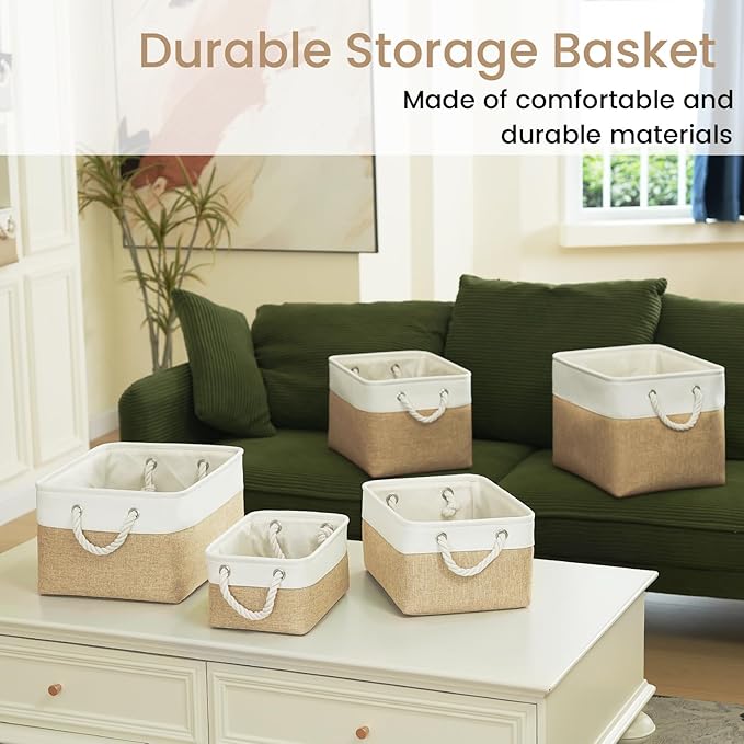 Storage Baskets for Shelves 11.8x7.9x5.2 Inch, Foldable Fabric Storage Bins with Handles, Small Storage Baskets for Organizing Closet, Office, Home Organization (1-Pack, White&Khaki)