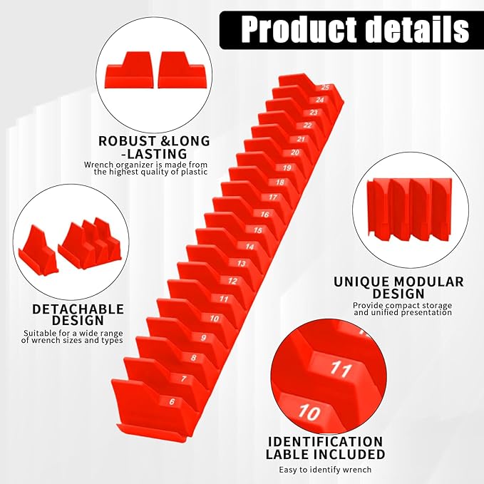 80 Pcs Modular Wrench Organizer Holder Set with Metric & SAE Labels, Wrench Rack for Toolbox Drawer Storage, Includes 9-Grid Clear Parts Box (Red)