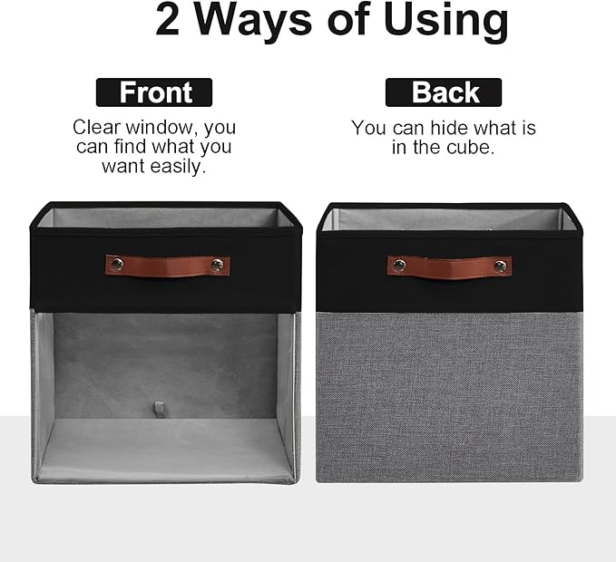 Storage Cubes, 4 Pack Linen Foldable Storage Bins (13 x 13 inch) with Clear Window and Handles, Fabric Organizer for Shelf Closet, Clothes, Books - (Gray and Black)