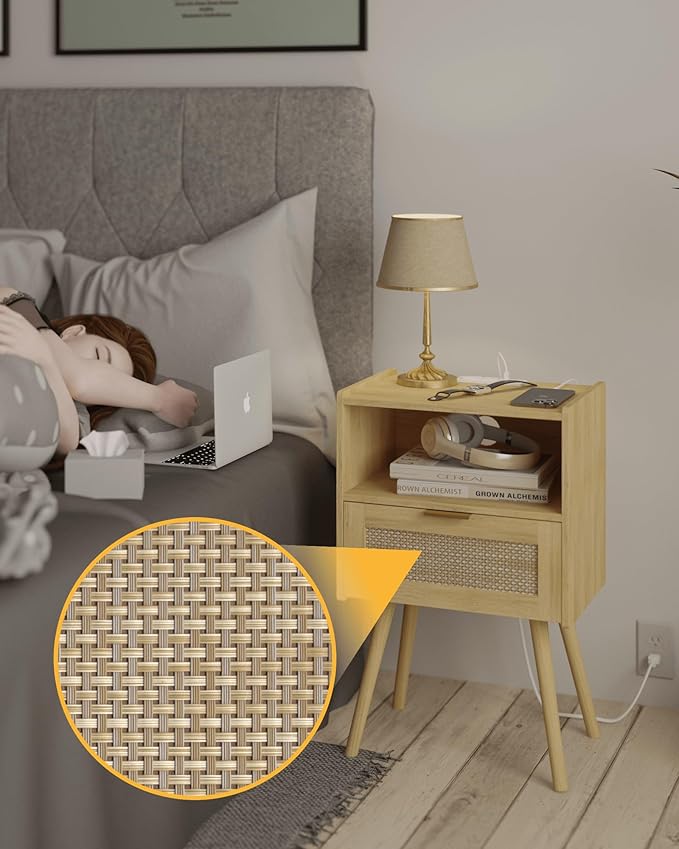 Veegle Rattan Nightstand with Outlet,Modern Bedside Table with Storage Drawer and Open Wood Shelf, for Living Room, Bedroom and Small Spaces, Accent Night Stand with Solid Wood Legs,Yellow Oak