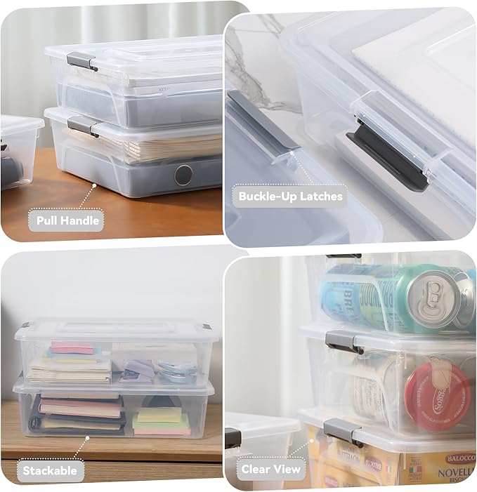 novelinks Clear Stackable Storage Bins with lid Storage Boxes Durable Plastic Organizer Containers for Home Office, Kitchen, Craft Supplies (10 Quart 4 Pack)