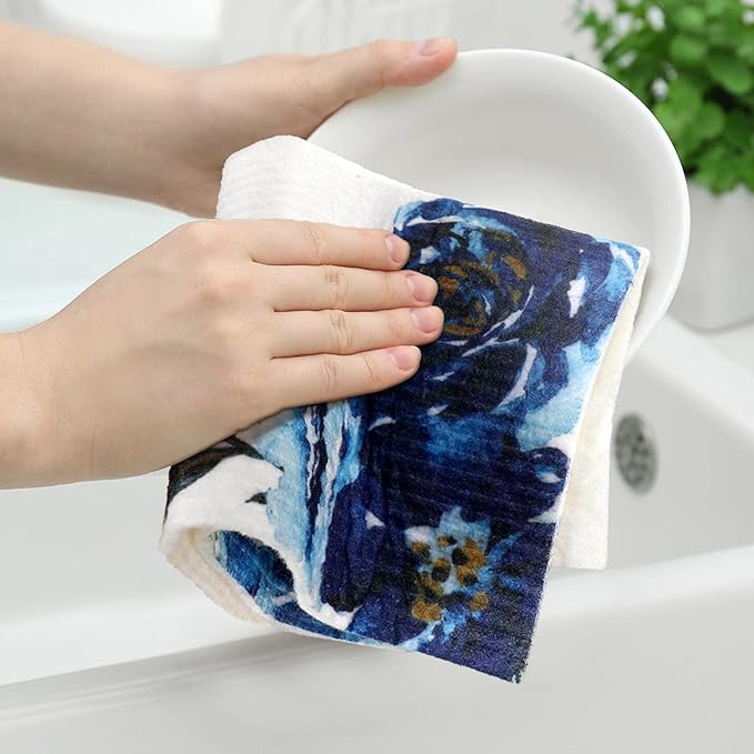 Sunnyray 12 Pcs Swedish Kitchen Dish Towels Dishcloth Reusable Sponge Cleaning Cloth Kitchen Towels Absorbent Washable Dish Cloth Drying Hand Towel(Blue, Watercolor Flower)