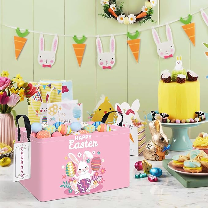 QUEENLALA Rectangular Laundry Hamper/Foldable Nursery Laundry Basket for Organizing/Storage Bin Baskets/Children Toy Office Bedroom/Toy Bin Closet Shelf Baskets (Rec-Pink Easter Rabbit Eggs)