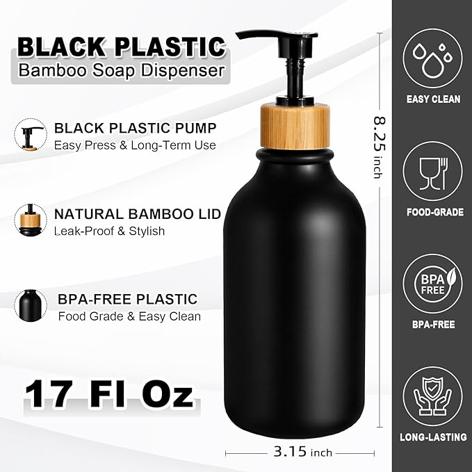 Black Soap Dispenser, 4 Pack Hand Soap Dispenser Bathroom with Bamboo Pump,17 Fl Oz Plastic Hand and Dish Dispenser Set for Kitchen, Refillable Liquid Soap and Lotion Dispensers Bottle