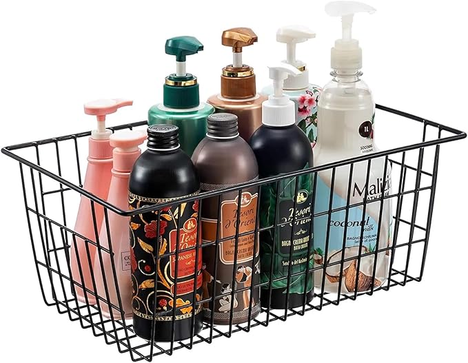 Redrubbit Wire Storage Baskets, Large Farmhouse Metal Freezer Basket Storage Organizer Bins with Handles for Kitchen Cabinets, Pantry, Closets, Bedrooms, Bathrooms, Set of 4, Black