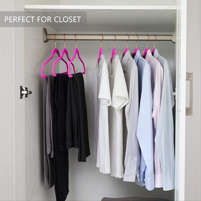 MIZGI Premium Velvet Hangers (Pack of 50) Heavyduty - Non Slip - Velvet Suit Hangers Pink - Copper/Rose Gold Hooks,Space Saving Clothes Hangers