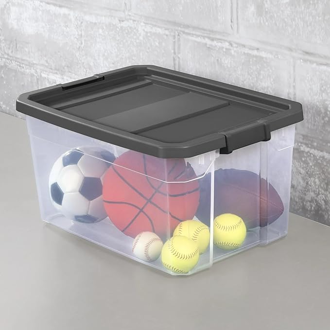 76 Quart Heavy-Duty Stacker Box – Clear Plastic Storage Bin with Secure Latch Lid, Ideal for Home, Garage, Closet & Basement Organization, Dark Gray (1)