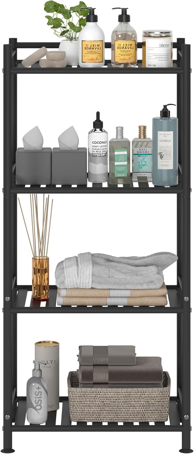 4 Tier Bathroom Storage Open Shelf Unit, Free-Standing Metal Corner Rack Shelving for Kitchen, Living Room, Hallway (Black, Wider 4 Tier)