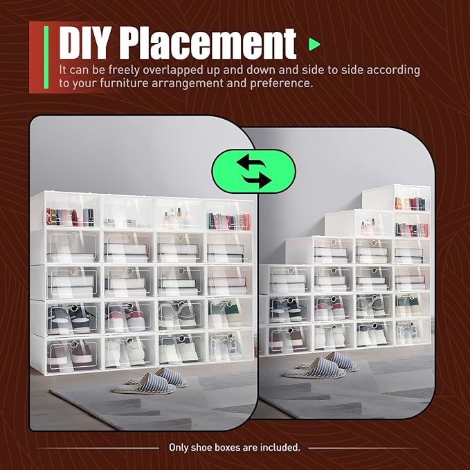 20 Pack Shoe Organizer and Storage Boxes, Foldable Stackable Plastic Shoe Box with Clear Drop-Front Door & Ventilation Hole, Versatile Closet Organizer for Sneakers, Accessories, and Home Organization