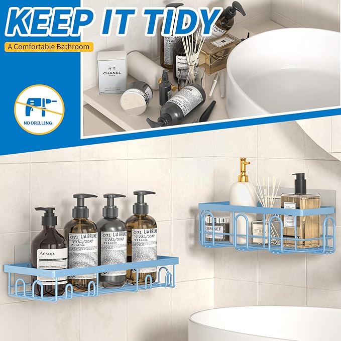 Shower Caddy 18 Pack,Adhesive Organizer for Bathroom Decor Accessories & Kitchen Storage,No Drilling,Large Capacity,Rustproof Stainless Steel Organizer,Home Decor Shelves (Blue 18 Pack)