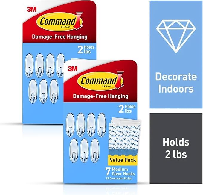 Command Clear Medium Hooks, 14 Hooks, 24 Strips - Easy to Open Packaging, Organize Damage-Free