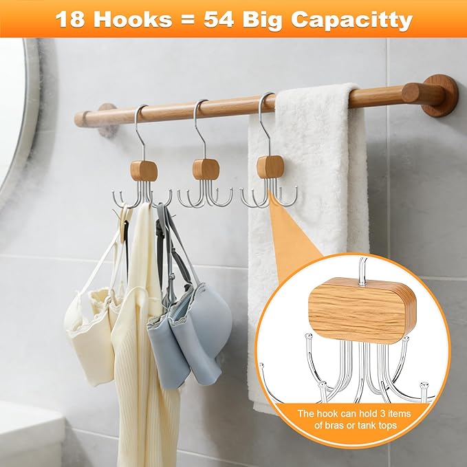 3 Pack Tank Top Hanger, Rotatable Bra Organzier for Closet, Bra Hanger for Closet Organizer, 360° Rotating & Foldable, Metal and Wood, Space-Saving Belt Hangers for Tank Tops, Belt, Tie (Wood)