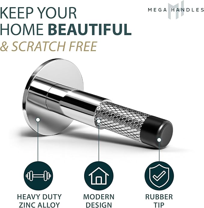 Mega Handles Knurled Baseboard Door Stopper - Heavy Duty Door Stoppers for Bottom of Door, Zinc Alloy Door Stops with Rubber Tip - Polished Chrome