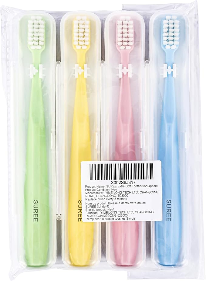 SUREE Extra Soft Toothbrush for Sensitive Teeth, Upgraded 10000 Ultra Soft Bristles for Adults & Elders, Manual Travel Toothbrush with Individual Portable Case (4 Pack)