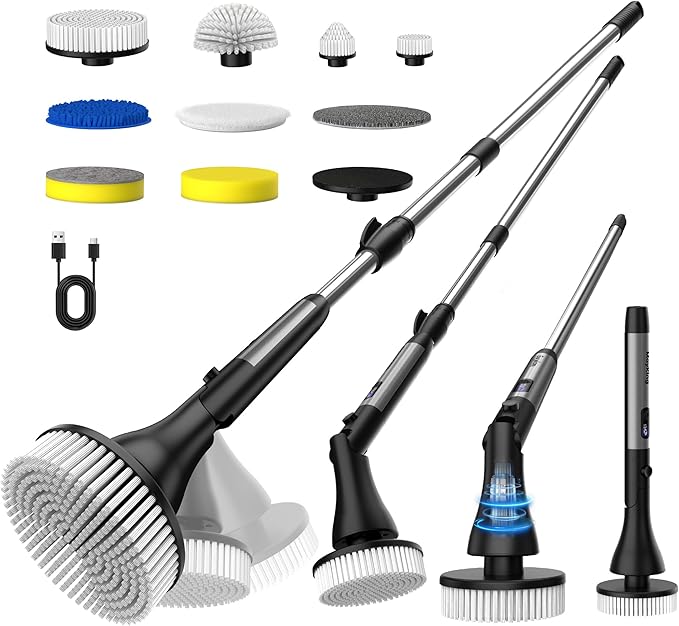 MayKing Electric Spin Scrubber with 9 Brush Heads, 3-Angle & 4-Length Adjustable Cordless Power Scrubber, 3-Speed & Battery LED Display, Electric Scrubber for Cleaning Bathroom Bathtub Floor Tiles