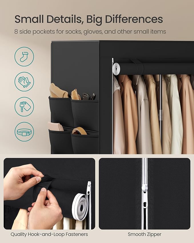 SONGMICS Portable Closet, Fabric Wardrobe, Clothes Rack with Shelves, Pockets, Large Capacity, 4 Hanging Rods, 74.4 x 17.7 x 70.9 Inches, Black URYG011BZ02