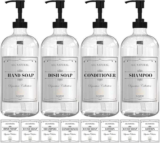 16 OZ Clear Glass Soap Dispenser with Pump, Hand and Dish Soap Dispenser Set for Bathroom with 12 Waterproof Labels, Pack 4