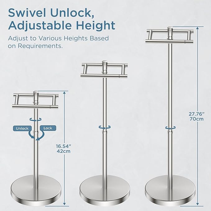 Toilet Paper Holder Stand Adjustable, Freestanding Tissue Roll Holder for Bathroom, Pivoting Design, Durable SUS 304 Stainless Steel and Weighted Base Toilet Paper Stand, Storage, Brushed Nickel