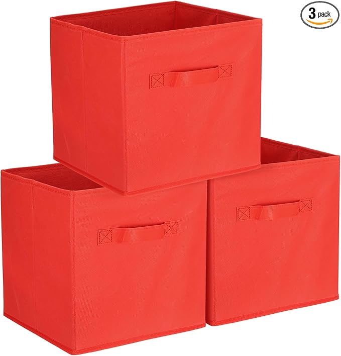 uxcell 3Pcs Fabric Storage Bins, 11 Inch Cube Storage Bin Foldable Storage Cube Organizer Bins with Handles for Shelf Closet, Nursery Home, Bedroom(Red)