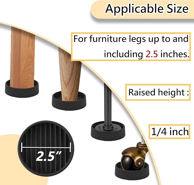 2.5x2.5 Round Rubber Furniture Caster Cups, Anti-Sliding Furniture Pads Bed Stopper Floor Protectors with Grip - Protect Any Flooring