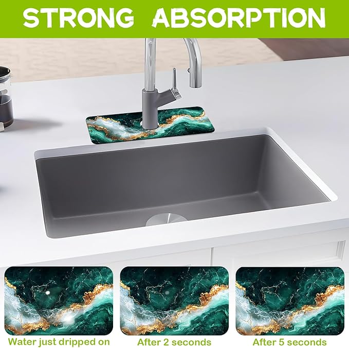 Kitchen Sink Splash Guard Faucet Mat Super Absorbent Fast Drying Mat Guard Behind Faucet Drip Catcher for Kitchen Bathroom (Emerald and Gold Marble Texture, 23.5"X5.5")