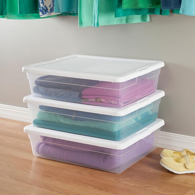 Sterilite 20 Pack Storage Box, 28 Quart Stackable Tote, Clear Plastic Container with Secure Snapping Lids for Home and Office Organization, White