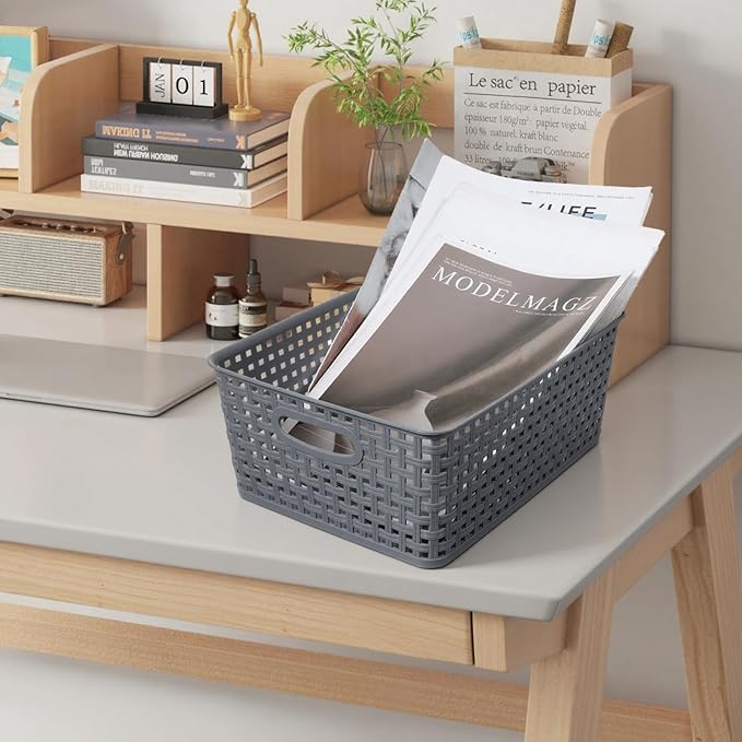 Pack of 4 Plastic Storage Basket, Grey Desktop File Paper Letter Organizer Tray,Plastic Baskets for Organizing（11.4"X9"X4.7"）