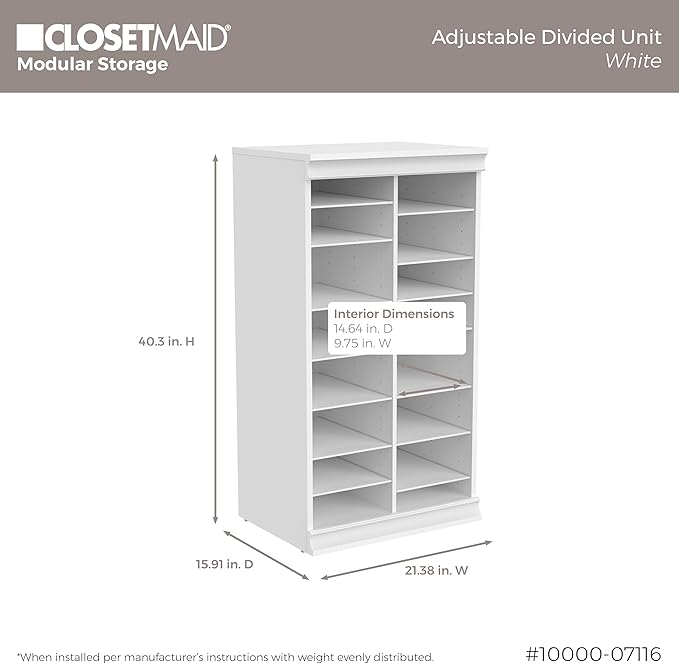 ClosetMaid Modular Adjustable Divided Storage Shelving Unit Organizer, 15.94-Inch D x 40.3-Inch H x 21.38-Inch W, White