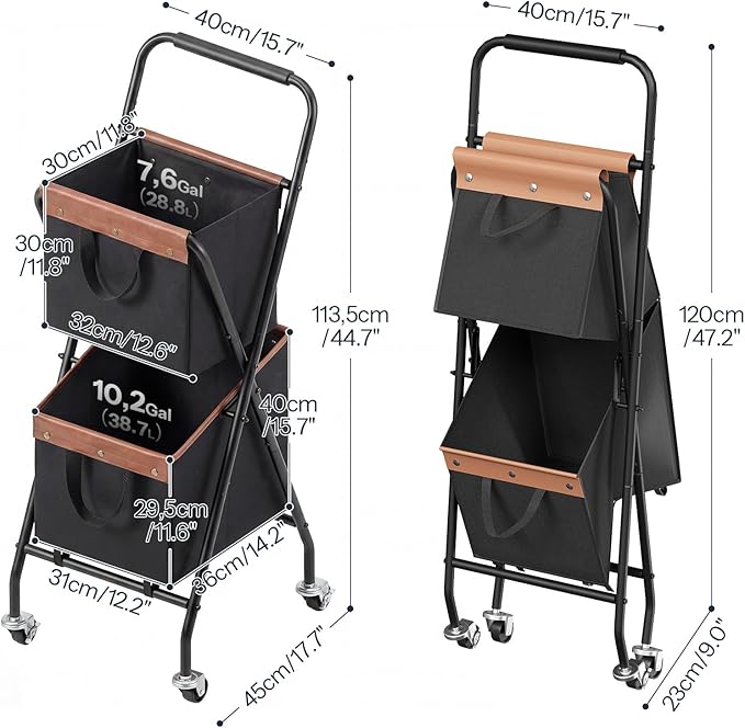 HOOBRO Folding Laundry Cart with Wheels, 17.8 Gal. (67.5 L) Rolling Laundry Hamper, 2 Section Clothes Basket with Metal Frame & Canvas Liner for Small Narrow Space, Black and Brown BB23XY01