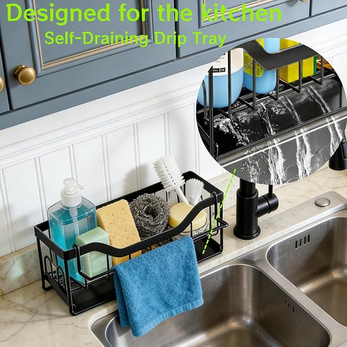 Sponge Holder for Kitchen Sink - Sink Caddy Organizer with Auto Drain Tray, Detachable Towel Rack, Stainless Steel Kitchen Counter Organizer Rack, Black