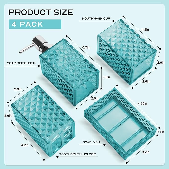 Bathroom Accessory Set, Grid Pattern 4 Pcs Plastic Bathroom Set Include Soap Dispenser, Soap Dish, Toothbrush Holder, Mousewash Cup, Modern Bahtroom Décor Set(Light Blue)