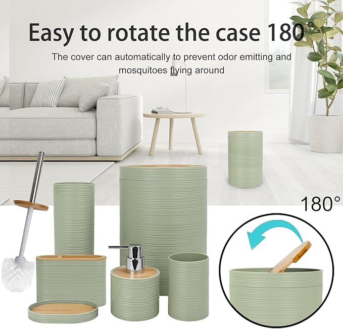 CERBIOR Bathroom Accessories Set 6 Piece Bamboo Bath Ensemble Includes Soap Dispenser, Toothbrush Holder, Toothbrush Cup, Soap Dish for Decorative Countertop and Housewarming Gift, Sriral Green