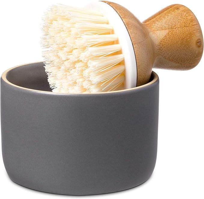 Full Circle Bubble Up Bamboo Dish Brush & Ceramic Soap Dispenser – Family Safe, Formaldehyde-Free – Kitchen Scrub Brush for Dishes, Nonstick & Cast Iron, Gray