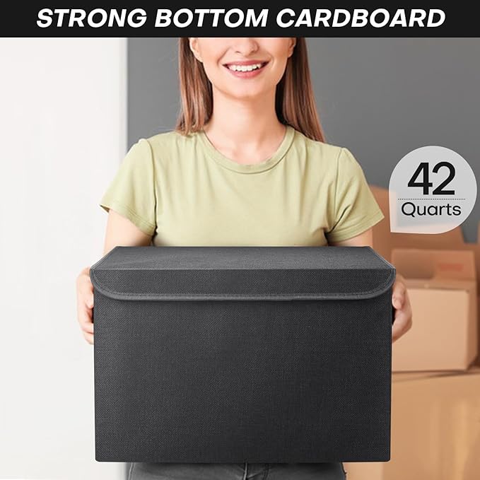 Large 17" 42 Quarts Collapsible Stackable Storage Bins with Lids [3-Pack] Foldable Fabric Linen Storage Boxes Cube, Closet Organizer Baskets with Label (16.7 x 12 x 12, Black)