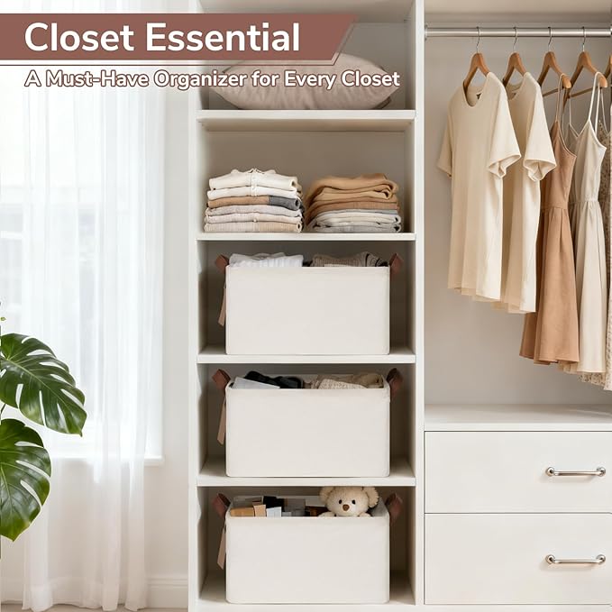 CHICVITA 4 Pack Storage Baskets for Shelves, Collapsible Fabric Closet Baskets for Organizing, Shelf Bins with Metal Frame, Clothes Towel Organizer for Closet, 14.8" x 10.3" x 8.3", Beige