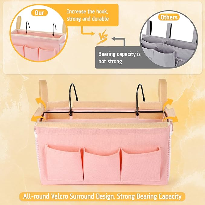 Lilithye Bedside Caddy Bedside Organizer Bedside Storage Caddy with Fixed Straps and Water Bottle Holder for Home College Dorm Bunk Bed Hospital Bed Crib Bed Rails (2pcs Pink)