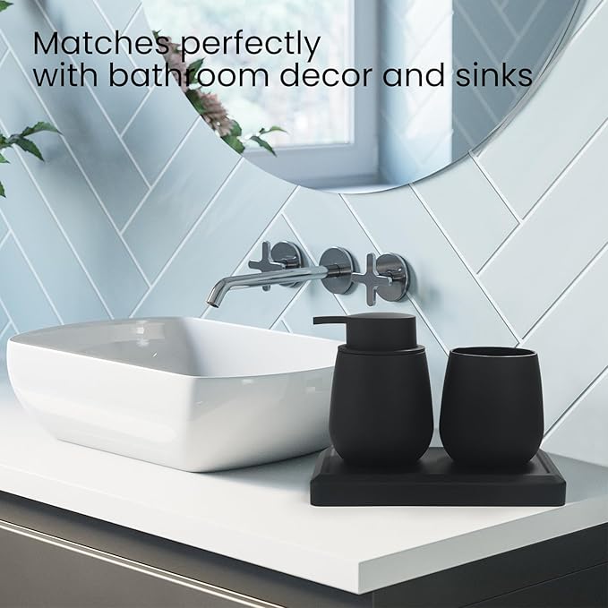 Black Bathroom Accessories Set, Modern 3 Pcs Bathroom Essentials - Soap Dispenser, Toothbrush Holder & Tray, Countertop Vanity Organizer (Black)